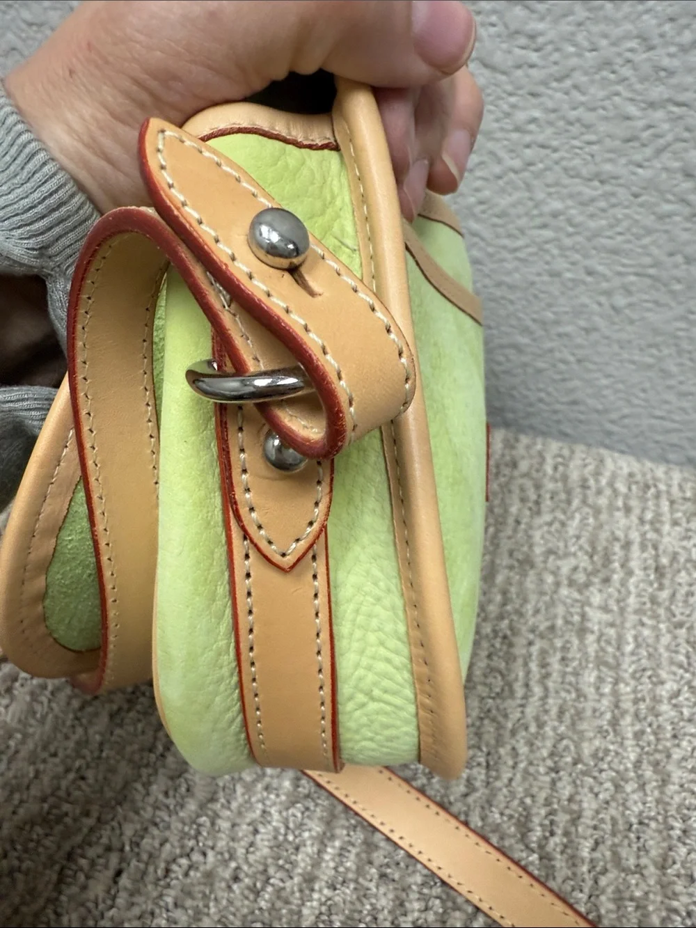 Rare Dooney & Bourke Nubuck/Suede Lime Green & Tan Leather Saddle BagCrossbody